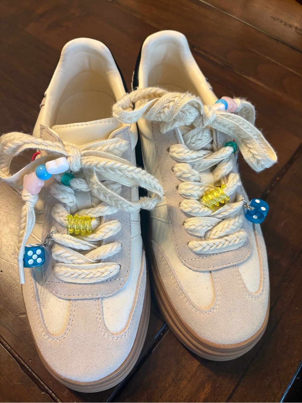 Steve Madden Cream and Tan Beaded Lace-Up Sneakers